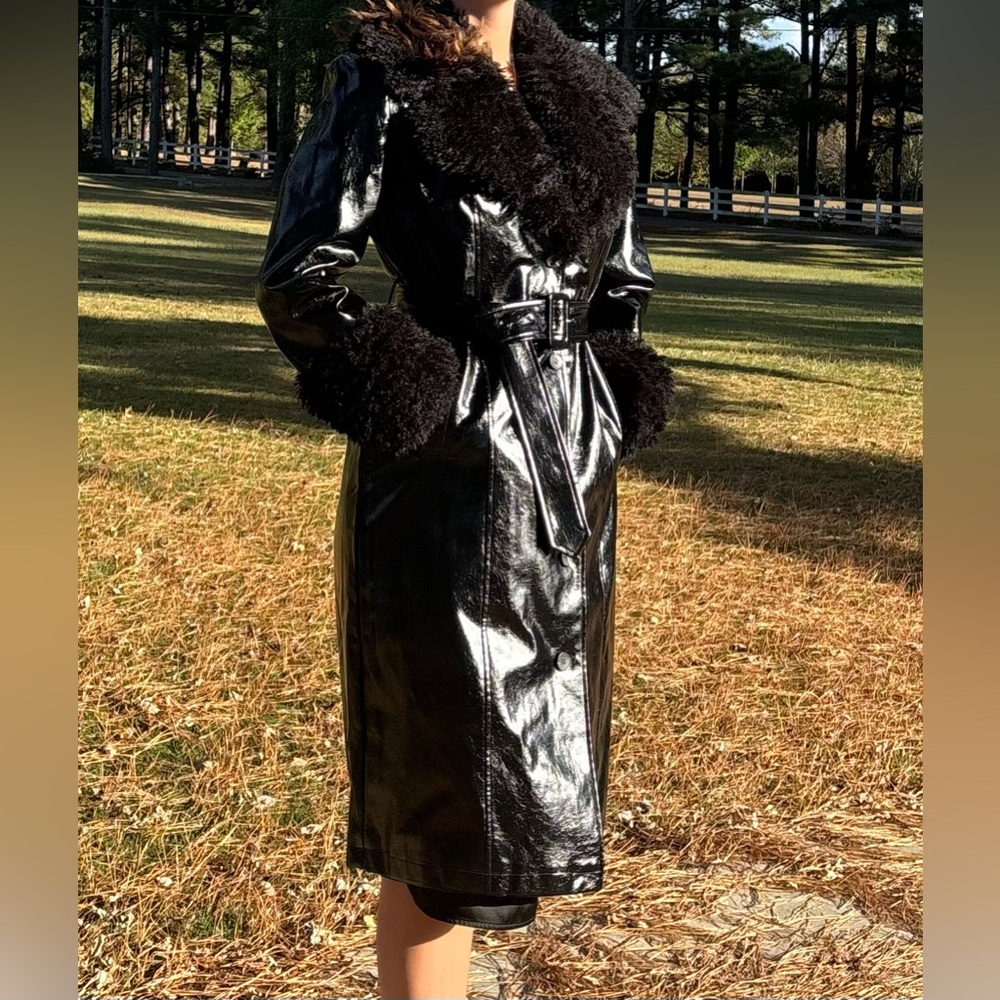 7 for all mankind faux leather and faux fur long jacket